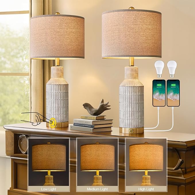 25" Modern 3-Way Dimmable Touch Control with USB A+C Ceramic Lamps Set of 2 Table Lamp for Living