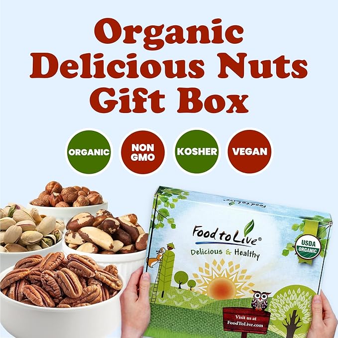 Food to Live - Organic Delicious Nuts in a Gift Box - A Variety Pack of Pecans, Hazelnuts, Brazil