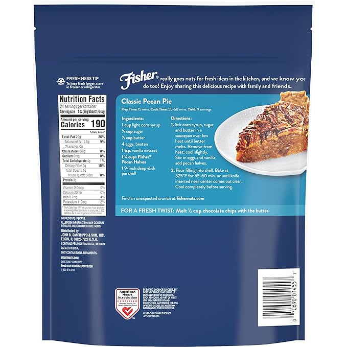 Fisher Chef's Naturals Pecan Halves 24 oz Resealable Bag, Unsalted Raw Nuts for Cooking, Baking &