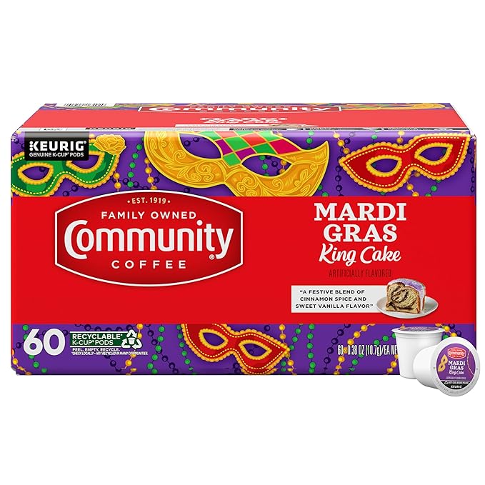 Community Coffee Mardi Gras King Cake Flavored, 60 Single-Serve Keurig K-Cup Pods, Medium Roast, 60