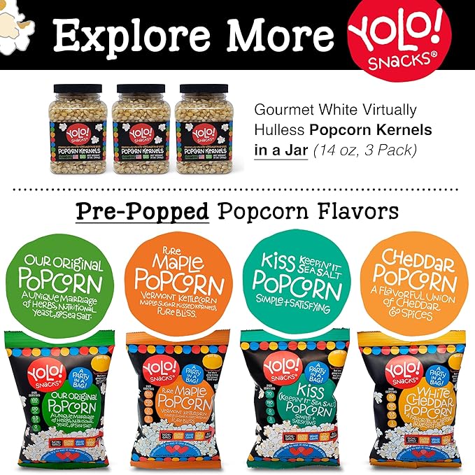 YOLO! Gourmet Virtually Hulless Popcorn Kernels, Premium White Butterfly Popping Corn, Non GMO