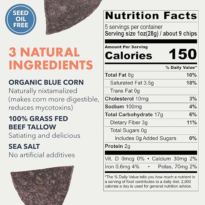 MASA Chips Blue Corn Tortilla Chips - Naturally Grown Blue Corn with Grass Fed Tallow and Sea Salt