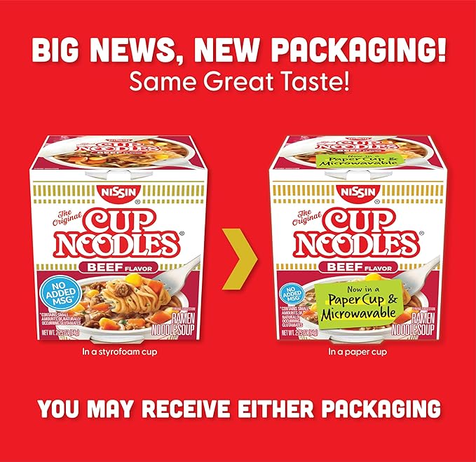 Nissin Cup Noodles Soup, Beef Flavor, Microwaveable Paper Cups, Instant Ramen, 2.25 Ounce (Pack of