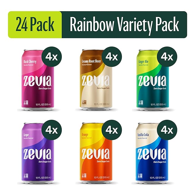 Zevia Zero Sugar Soda, Rainbow Variety Pack, 12 oz Cans (24-Pack) ??Naturally Sweetened, Non-GMO