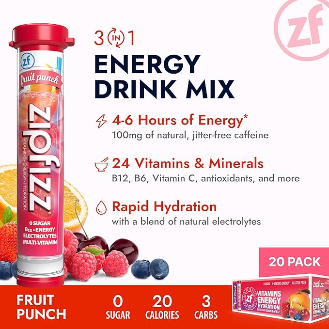Zipfizz Daily Energy Drink Powder, Fruit Punch, 20 Pack 3-in-1 Sustained Energy, Rapid Hydration