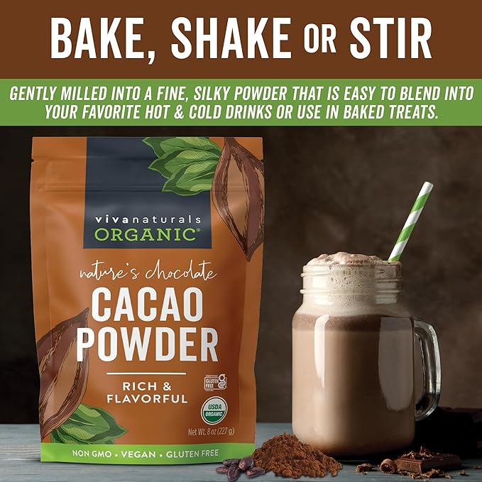 Viva Naturals Organic Cacao Powder, 8 oz - Unsweetened Cocoa Powder With Rich Dark Chocolate