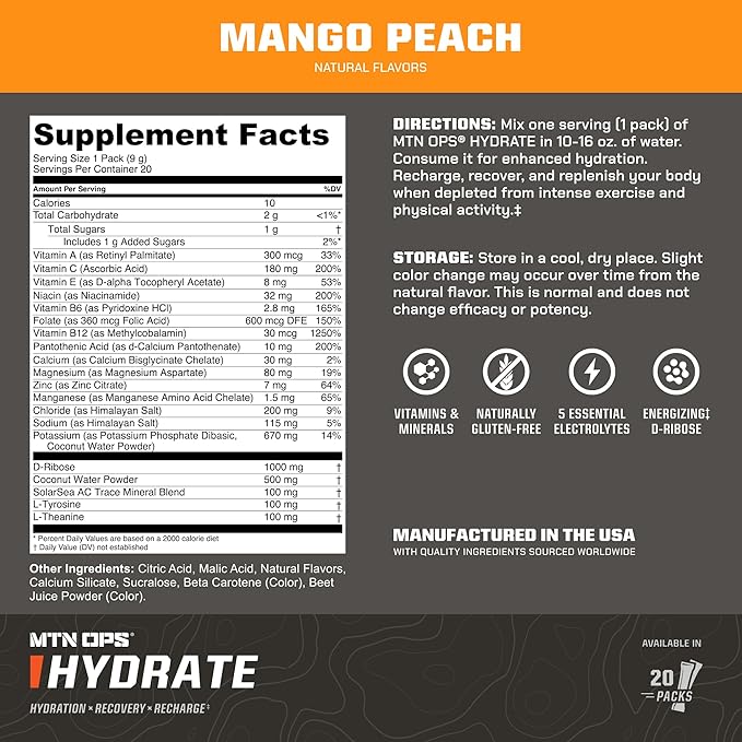 MTN OPS Hydrate Electrolytes Powder Drink Mix, 20 Single Serving On-The-Go Electrolyte Packs with