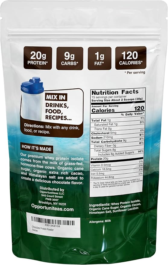 Opportuniteas Grass Fed Chocolate Whey Protein Isolate Powder - 20g Protein Powder Without