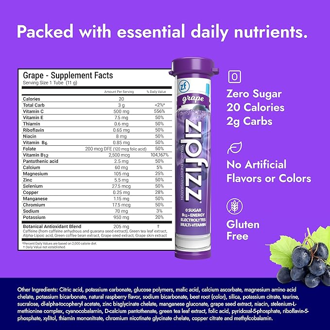 Zipfizz Daily Energy Drink Powder, Grape, 20 Pack | 3-in-1 Sustained Energy, Rapid Hydration, and
