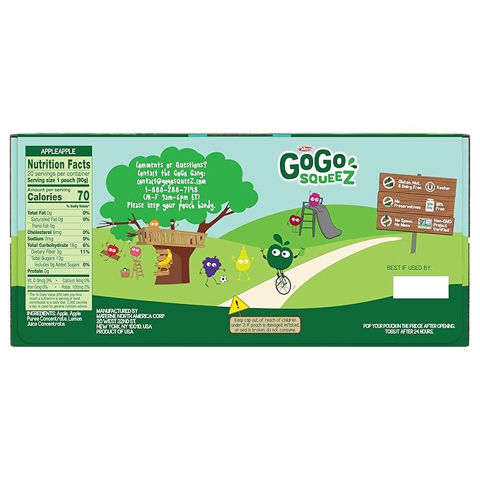 GoGo squeeZ Applesauce and Fruit Puree, Apple Apple, 3.2 oz (Pack of 20), Unsweetened Fruit Snacks