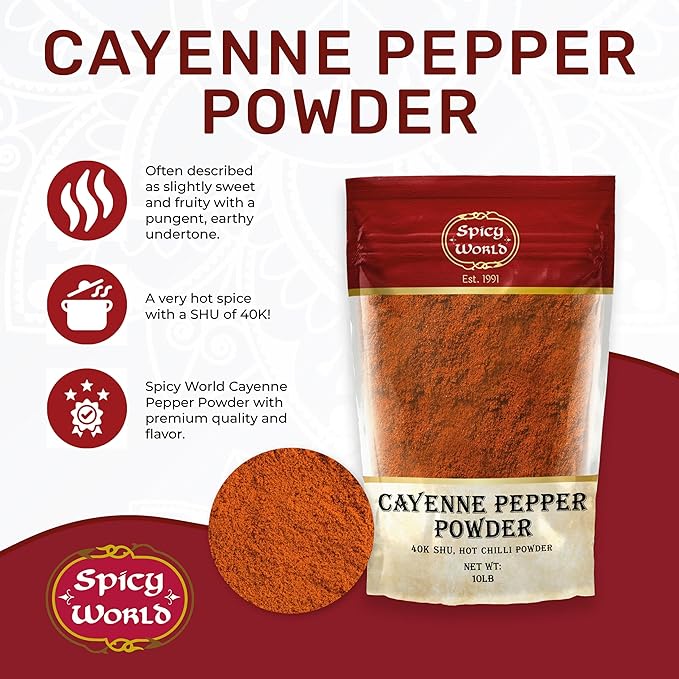 Spicy World Cayenne Pepper Powder Ground Chili Pepper 10 Pound Bulk Bag - 40K SHU, Hot Chilli Powder