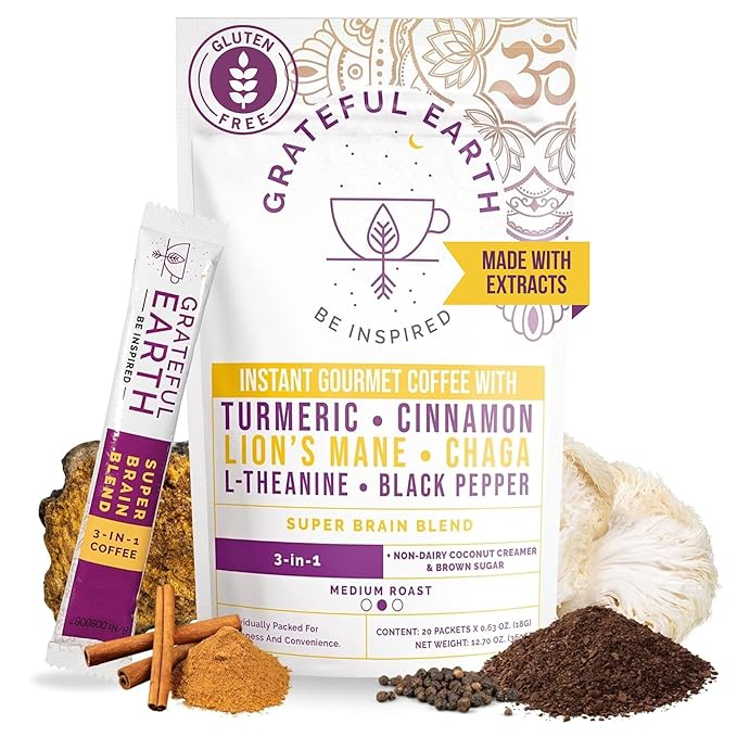 Grateful Earth Mushroom Coffee, Coconut Instant Coffee with Lion’s Mane Mushrooms, Chaga, Turmeric