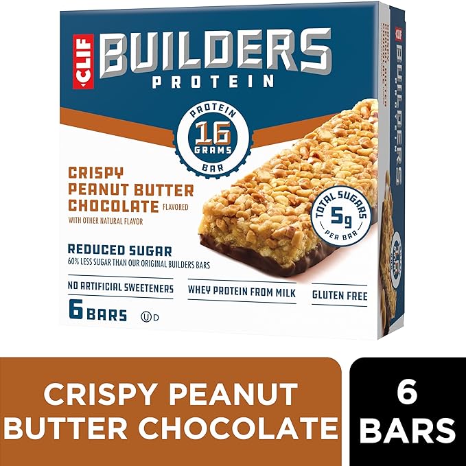CLIF BUILDERS Protein Bars - Crispy Peanut Butter Chocolate Flavored - Reduced Sugar - Gluten Free