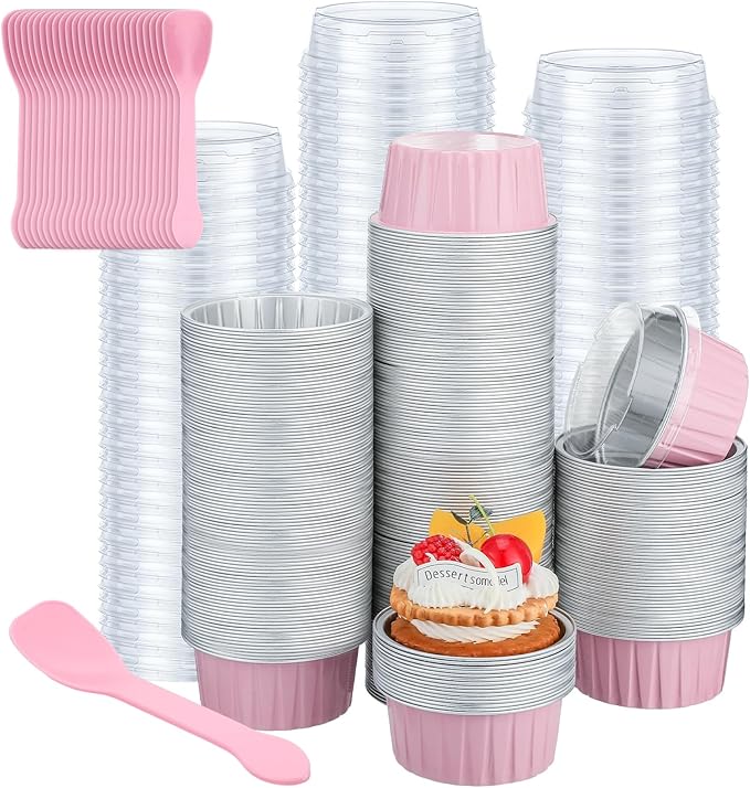 Hushee 600 Pcs Aluminum Foil Baking Cups with Lids and Spoons 5oz Disposable Ramekins Dessert