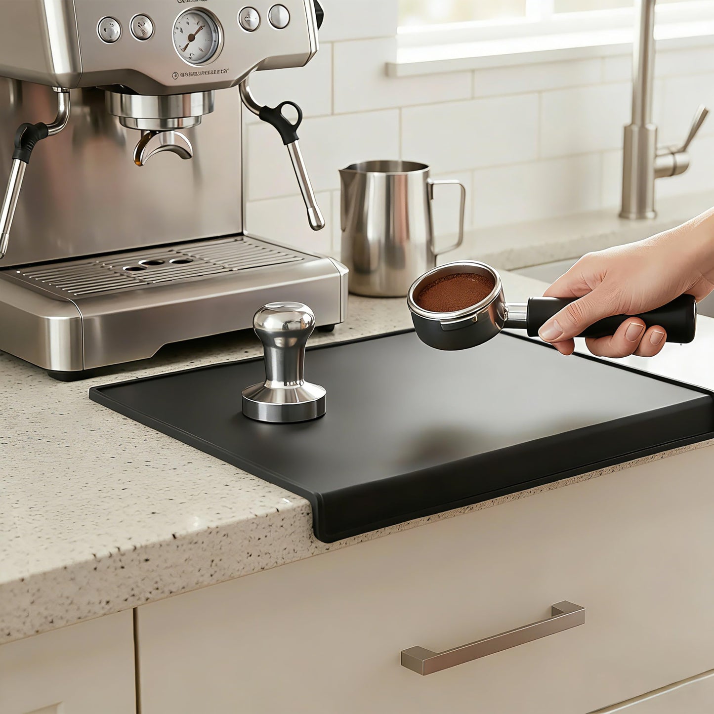 Espresso Tamping Mat, Silicone Coffee Tamper Mat, Black Portafiliter Mat for Baristas and Home