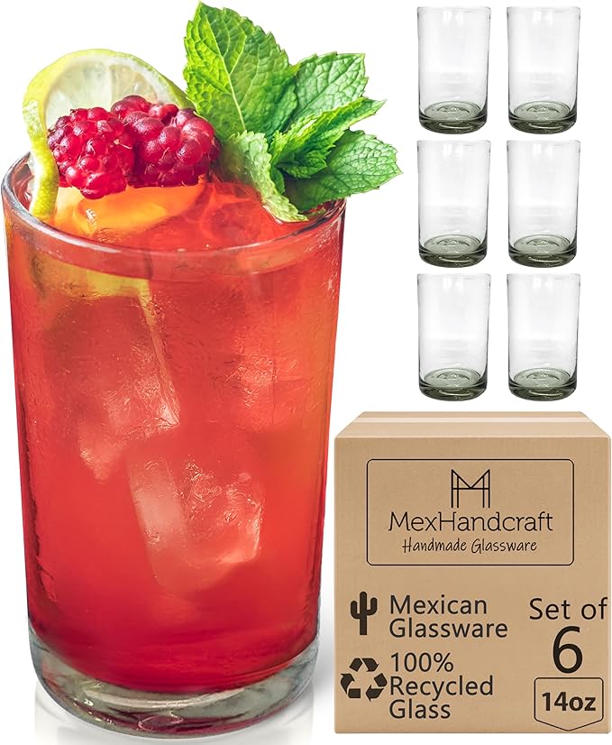 Clear 14 oz Drinking Glasses (set of 6), Hand Blown Mexican Glassware, Recycled Glass Drinking
