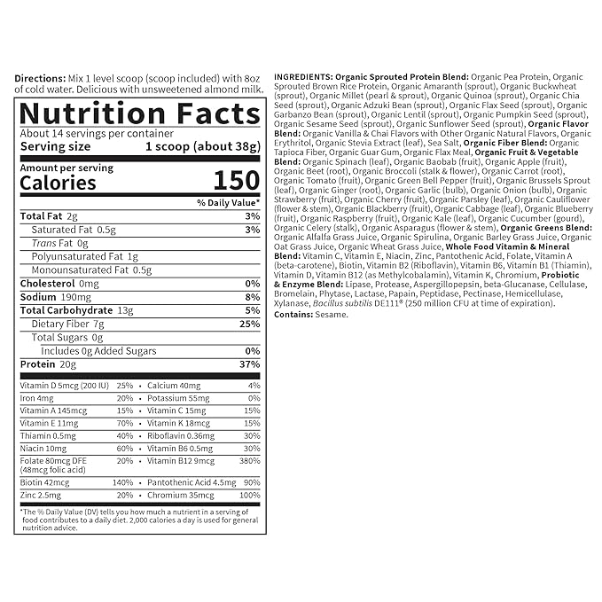 Garden of Life Meal Replacement Shakes, Raw Organic, Vanilla Chai Protein Powder with Plant Based