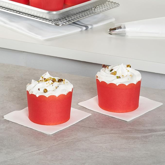 Panificio 10 Ounce Cupcake Wrappers, 200 Scalloped Baking Cups - Oven-Ready, Greaseproof, Red Paper