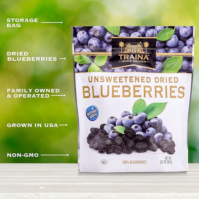 Traina Home Grown Unsweetened Dried Blueberries - Healthy & Non-GMO, Natural Sweet Flavor With No