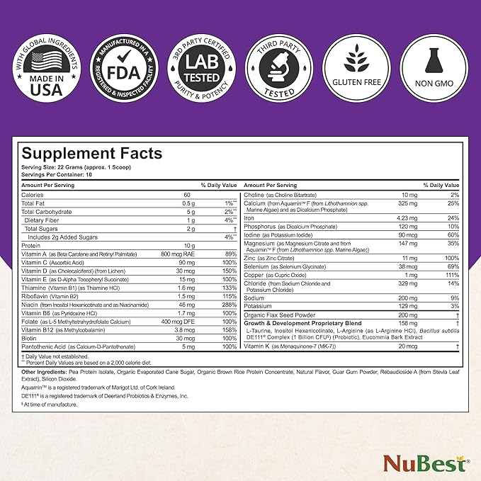 NuBest Tall Protein Powder for Kids & Teens - Vegan Vanilla Protein Powder Shake with Organic Red