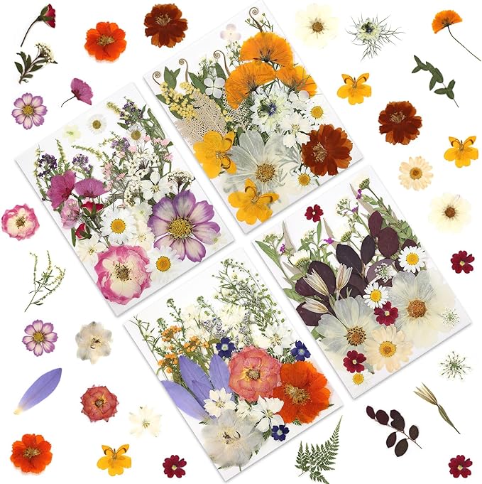 120P 4-Color Mixed Foliage Dried Flowers for Crafts, Real Natural Pressed Flowers for Resin Art