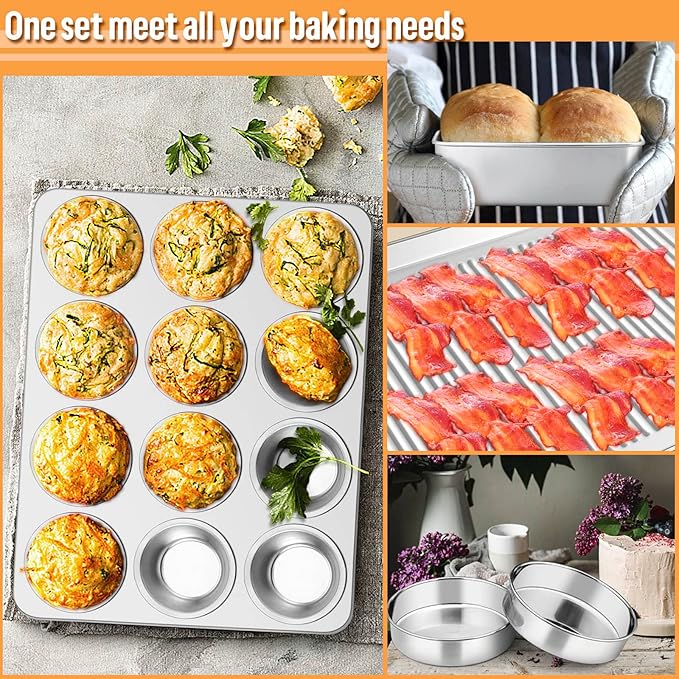 E-far 6-Piece Baking Pans set, Stainless Steel Bakeware Set for Oven, Include 8-Inch Cake