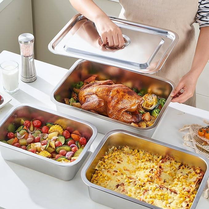 4-Piece 4 Inch Extra Deep Lasagna Baking Pan with Lid, 11x14.2Inch 7.4QT Large Stainless Steel