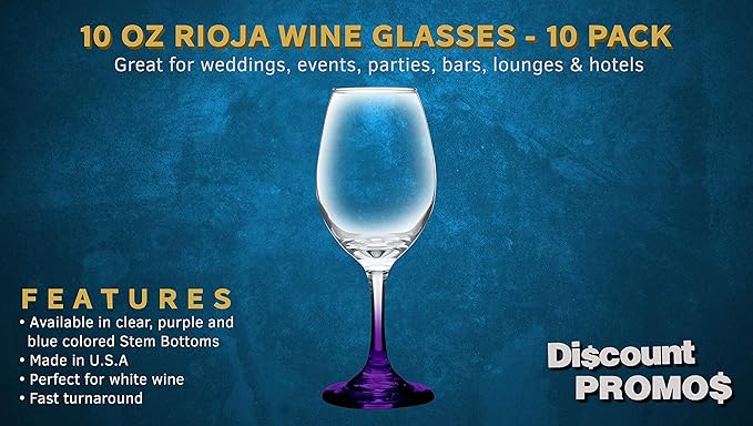 DISCOUNT PROMOS Rioja Wine Glasses with Stem 10 oz. Set of 10, Bulk Pack - Color Bottom, Perfect