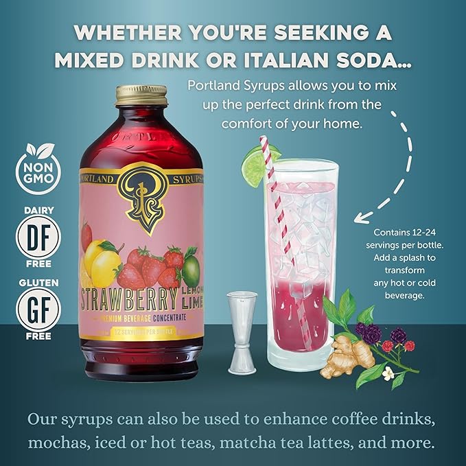 Portland Syrups Strawberry Lemon-Lime Syrup - Summer in a Glass with Tangy Citrus and Sweet