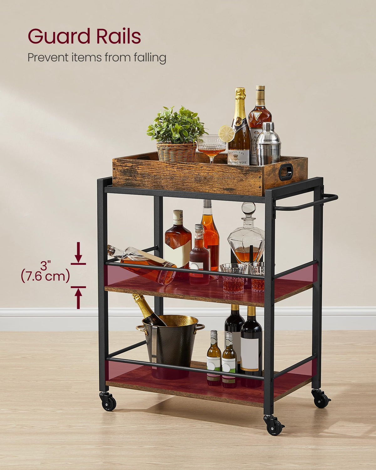 VASAGLE Kitchen Serving Cart with Removable Tray, 3-Tier Kitchen Utility Cart on Wheels with