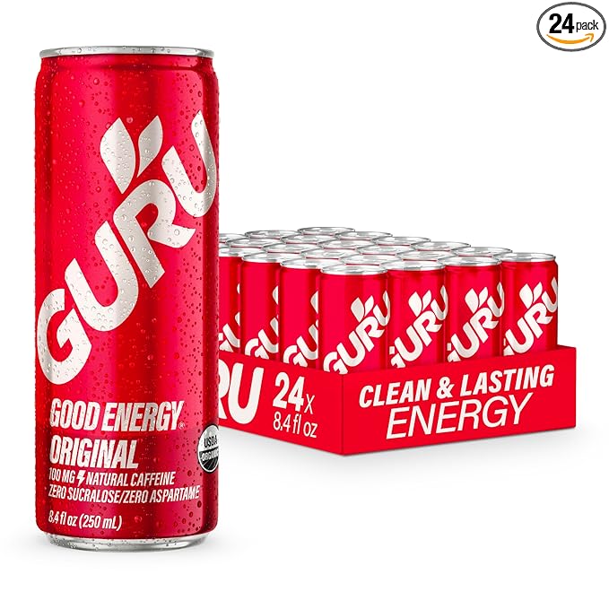GURU Original Organic Energy Drinks, Clean Energy Drink with Plant Based Natural Caffeine from