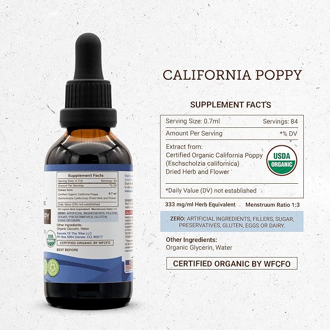 Secrets of the Tribe California Poppy Tincture Alcohol-Free Liquid Extract, USDA Organic California