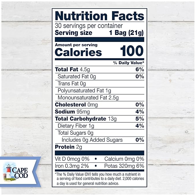 Cape Cod Potato Chips, Original Less Fat Kettle Cooked Chips, Snack Bags, Reduced Fat Original