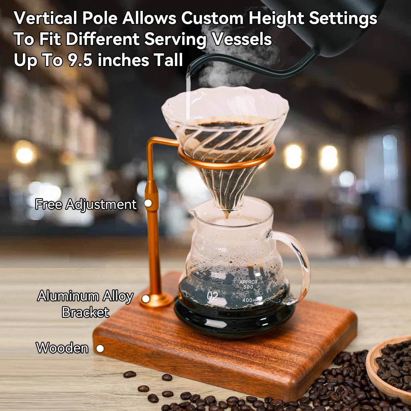 Svfreyavis Pour Over Coffee Maker with Adjustable Stand & Wooden Base, Dripper Stand for Manual