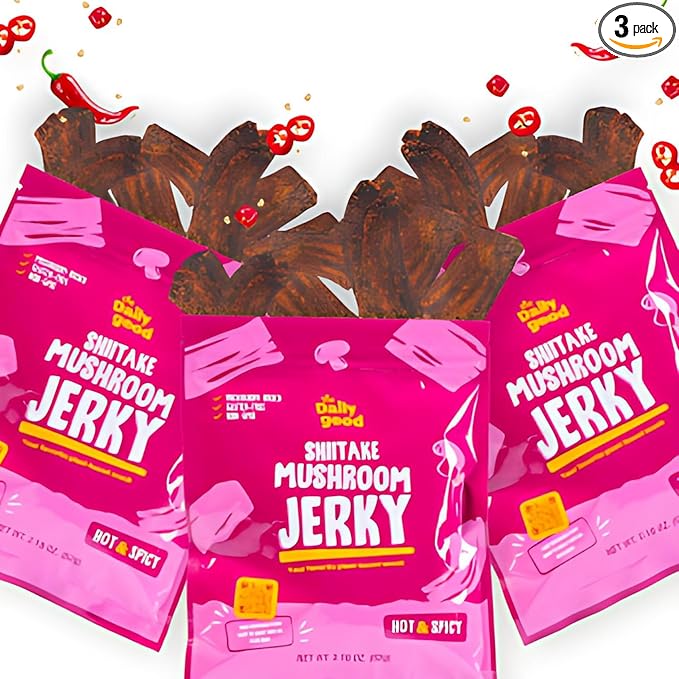 The Daily Good Mushroom Jerky - 3-Pack Snacks, Yummy High-Fiber Mushroom Snack, Meatless &
