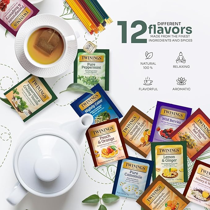 Twinings 48 Tea Bags Herbal Variety Pack, Bundle with 20 Flavored Honey Sticks – 12 Flavors