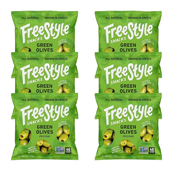 Freestyle Snacks Olive Snack Packs - Single Serve - Fresh Pitted Green Olives, Jumbo-Sized, Grown
