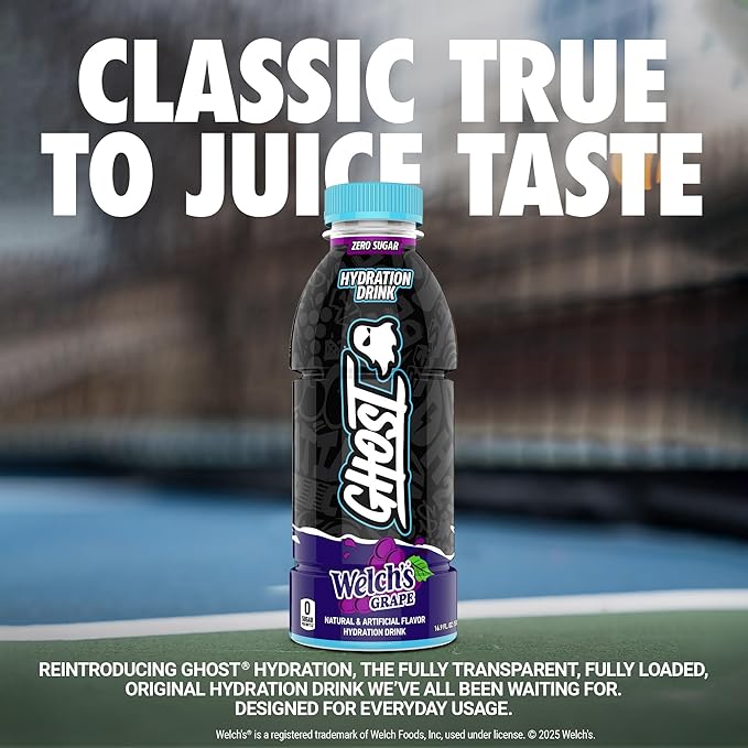 GHOST Hydration Drink, Welch’s Grape - RTD Sports Drink with Electrolytes, Natural Vitamins &