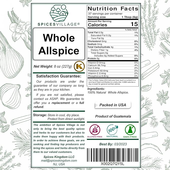 SPICES VILLAGE Allspice Berries Whole, Pimento Seeds, Natural Allspice for Cooking, Pickling