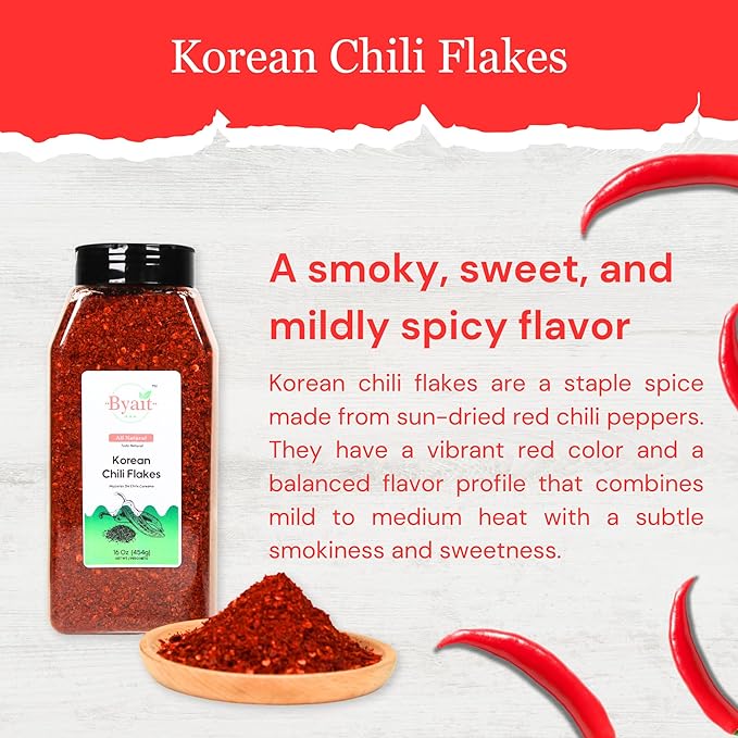 Byait Gochugaru Korean Chili Flakes 16 Oz (1 LB), Medium Hot, 100% Pure Red Chili Pepper Flakes for