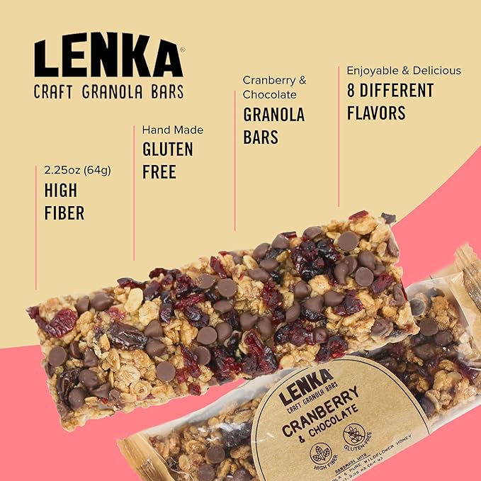 Lenka Bars - Cranberry Chocolate Snack Bars, Gluten Free, High Fiber, Kosher, Wholesome, No