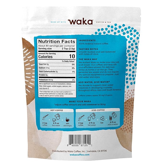 Waka Premium Instant Coffee Pouch — 100% Colombian Arabica Freeze Dried Beans — For Hot or Iced