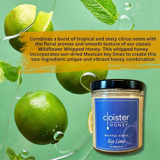 Cloister Honey Whipped Honey - Key Lime (9 oz) | Hand Crafted | Raw Artisan Honey | 100% Pure, Raw