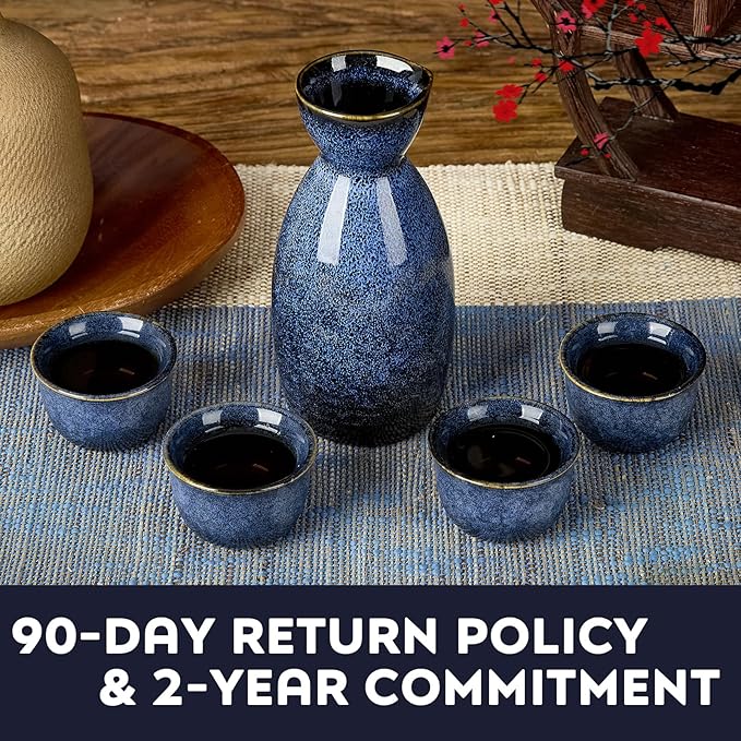 DUJUST 5 pcs Japanese Sake Set, Kiln Altered Glaze Porcelain Sake Set, 1 Bottle, 4 Cups & 1 Gift