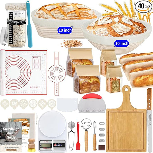 10 Inch Round & Oval Sourdough Proofing Basket Set, Banneton Bread Proofing Basket with Starter