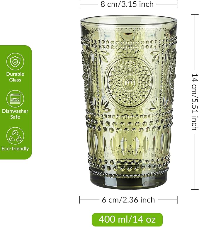 Joeyan Green Vintage Drinking Glasses,Embossed Boho Sunflower Highball Water Glass Tumbler,14 oz
