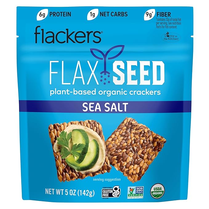 Flackers Organic Sea Salt Flaxseed Crackers, 5 Ounce 6-Pack, Gluten Free, Non GMO, Vegan, Keto
