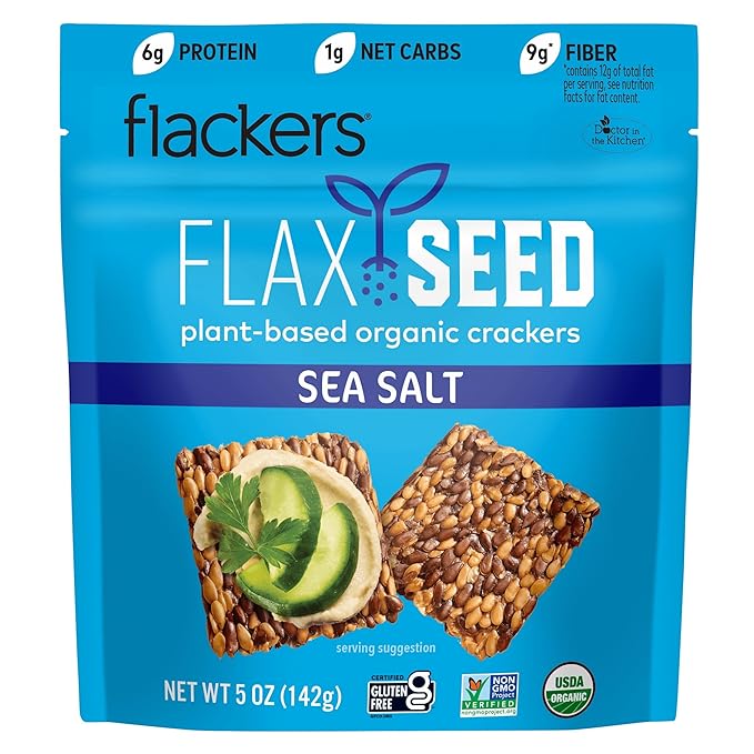 Flackers Organic Sea Salt Flaxseed Crackers, 5 Ounce 1-Pack, Gluten Free, Non GMO, Vegan, Keto
