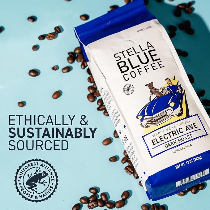 Stella Blue Whole Bean Coffee, Electric Avenue Blend, Dark Roast, Toffee, Dark Chocolate & Subtle