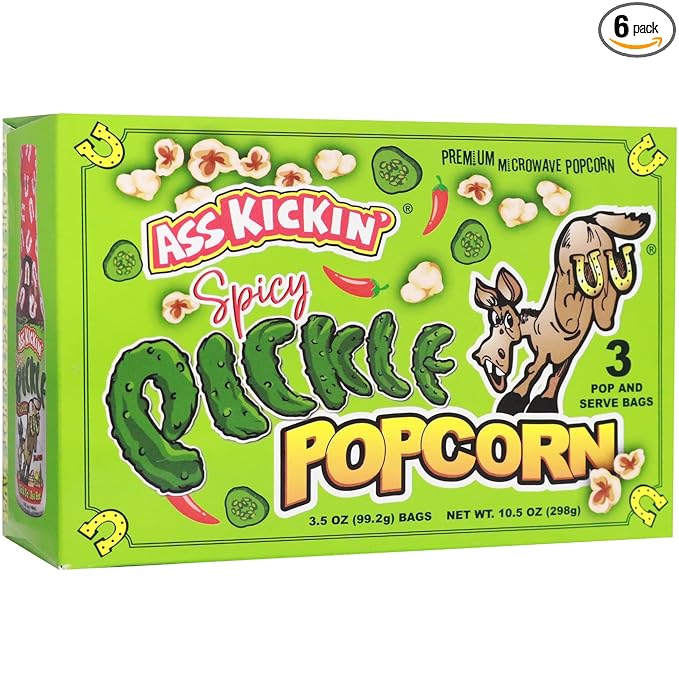 ASS KICKIN' Spicy Pickle Microwave Popcorn Bags - 6 Pack - Ultimate Spicy Pickle Gourmet Popcorn
